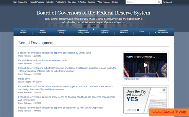 美联储官方网站。美国联邦储备系统。美国中央银行